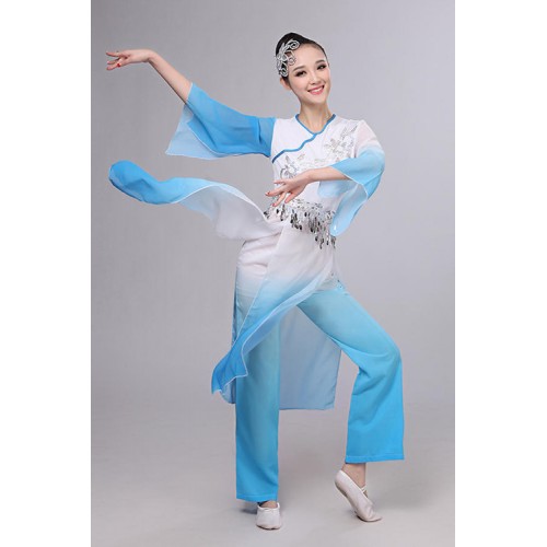 Women's gradient Chinese folk dance costumes classical traditional female green blue pink fan yangko performance costumes dresses